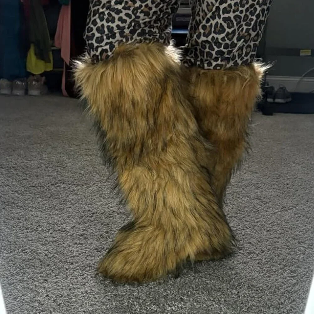 🆕Women Brown Faux Fur Fluffy Cosy Round Toe Knee High Warm Outdoor Fur Boot